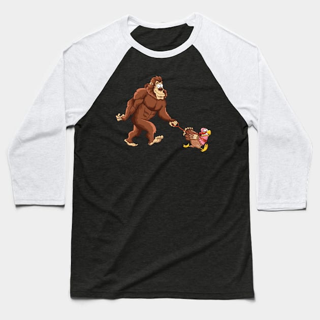 Funny Bigfoot Sasquatch Walking A Turkey Baseball T-Shirt by ghsp